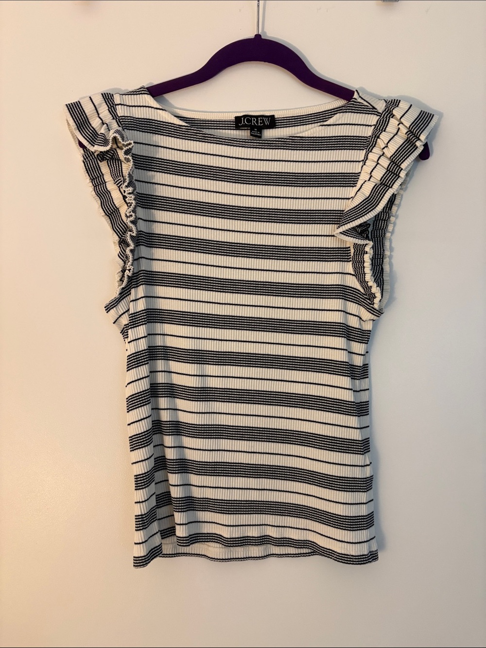 J. Crew White and Black Striped Ruffle Sleeve Tank